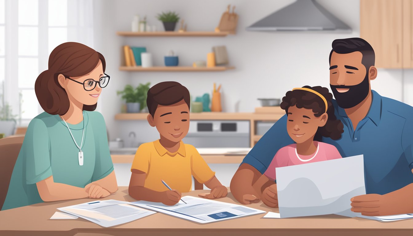 A family sitting at a table, with a life insurance policy in the foreground and a critical illness coverage brochure in the background