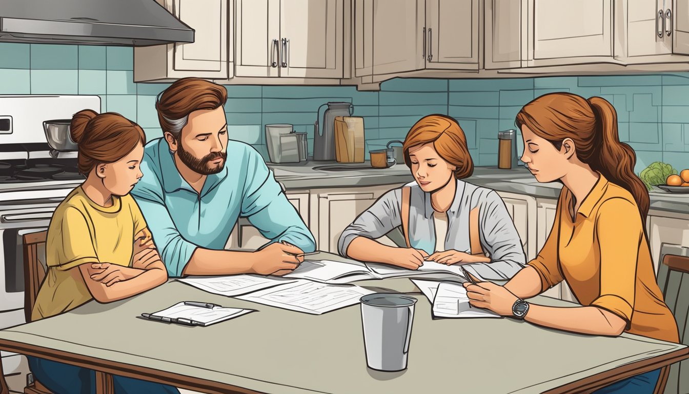 A family sitting at a kitchen table, reviewing life insurance policies with a concerned expression