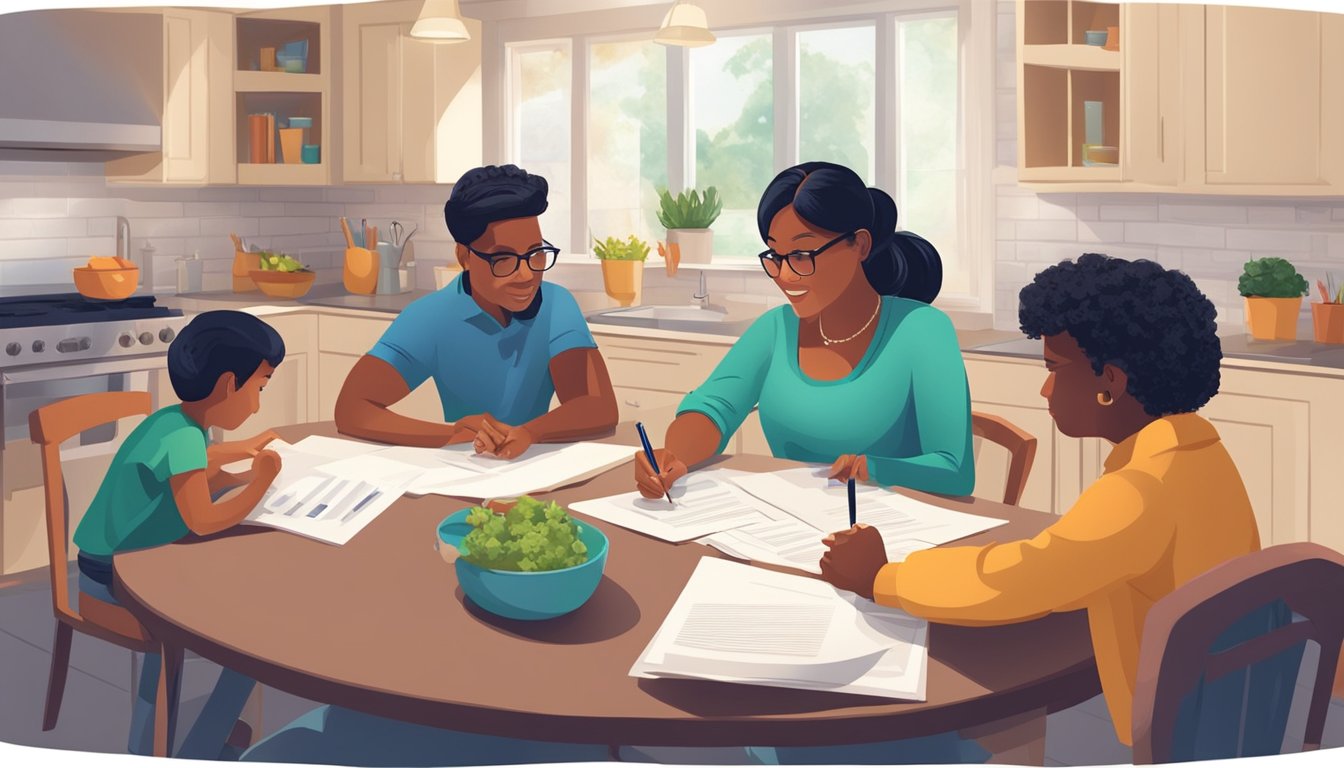 A family sitting around a kitchen table, signing papers with a life insurance agent. The agent is explaining different policy options