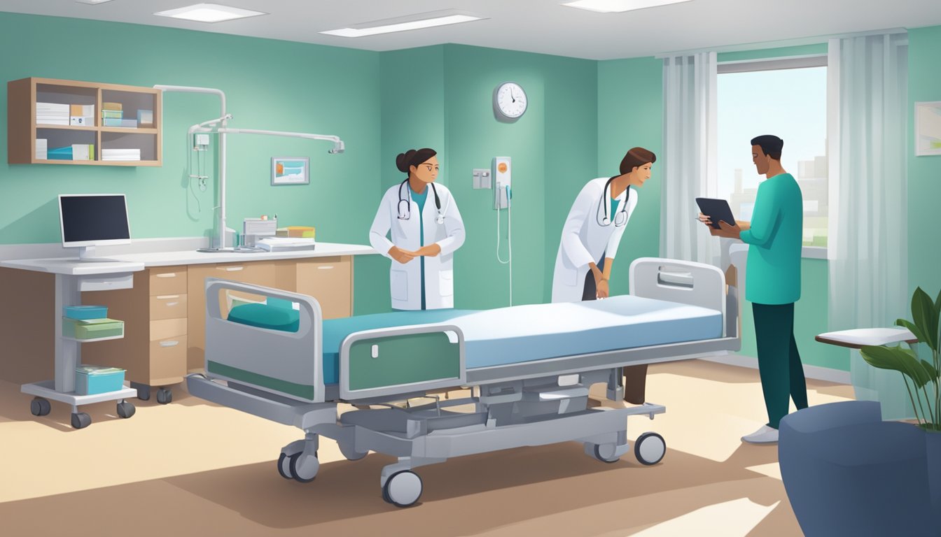 A hospital room with a bed, medical equipment, and a doctor discussing insurance options with a patient's family