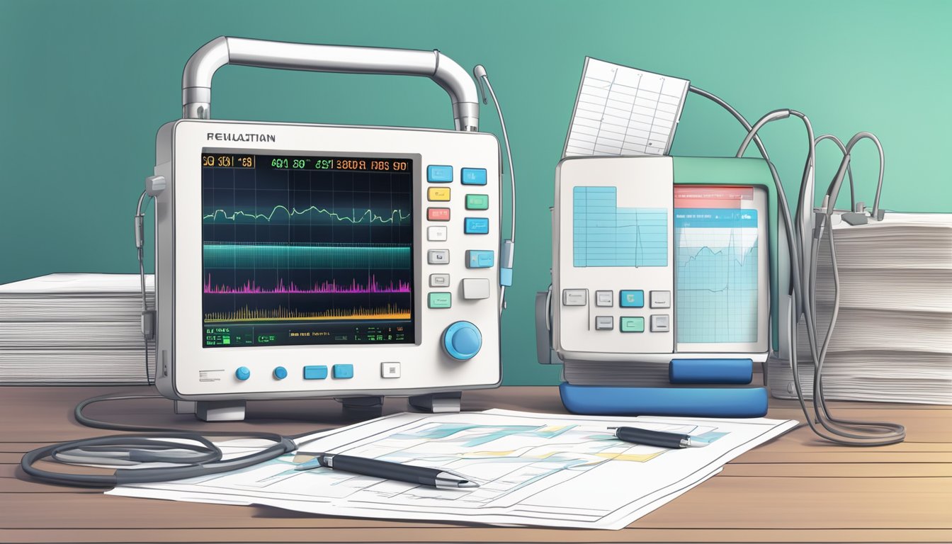 A heart monitor displaying fluctuating vital signs next to a stack of medical documents