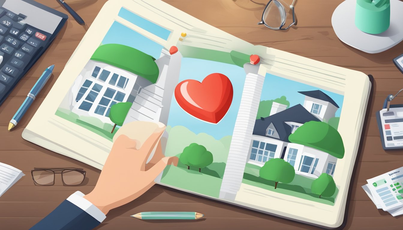 A family home with a heart-shaped life insurance policy and a shield-shaped critical illness cover policy on a table