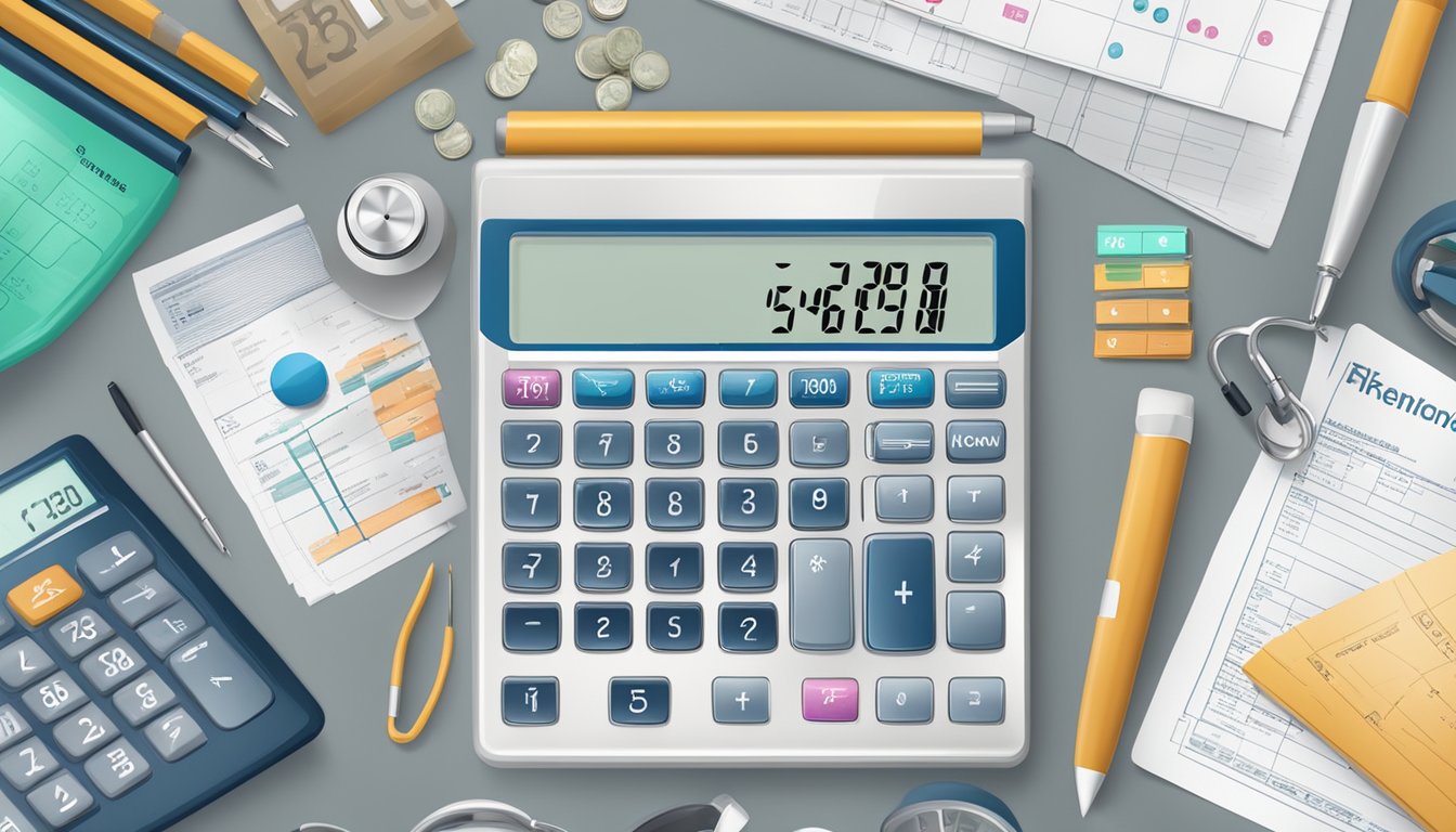 A calculator surrounded by medical equipment and financial documents