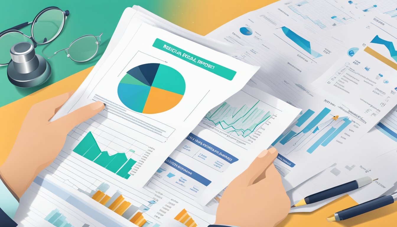 A hand reaching for a medical report with a graph showing a decreasing trend, surrounded by insurance documents and a critical illness policy brochure