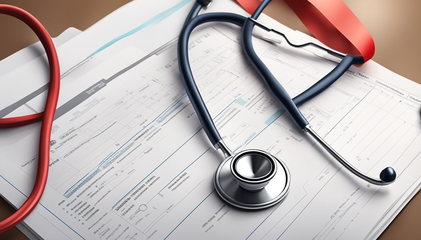 A stethoscope resting on a medical report with a red ribbon tied around it