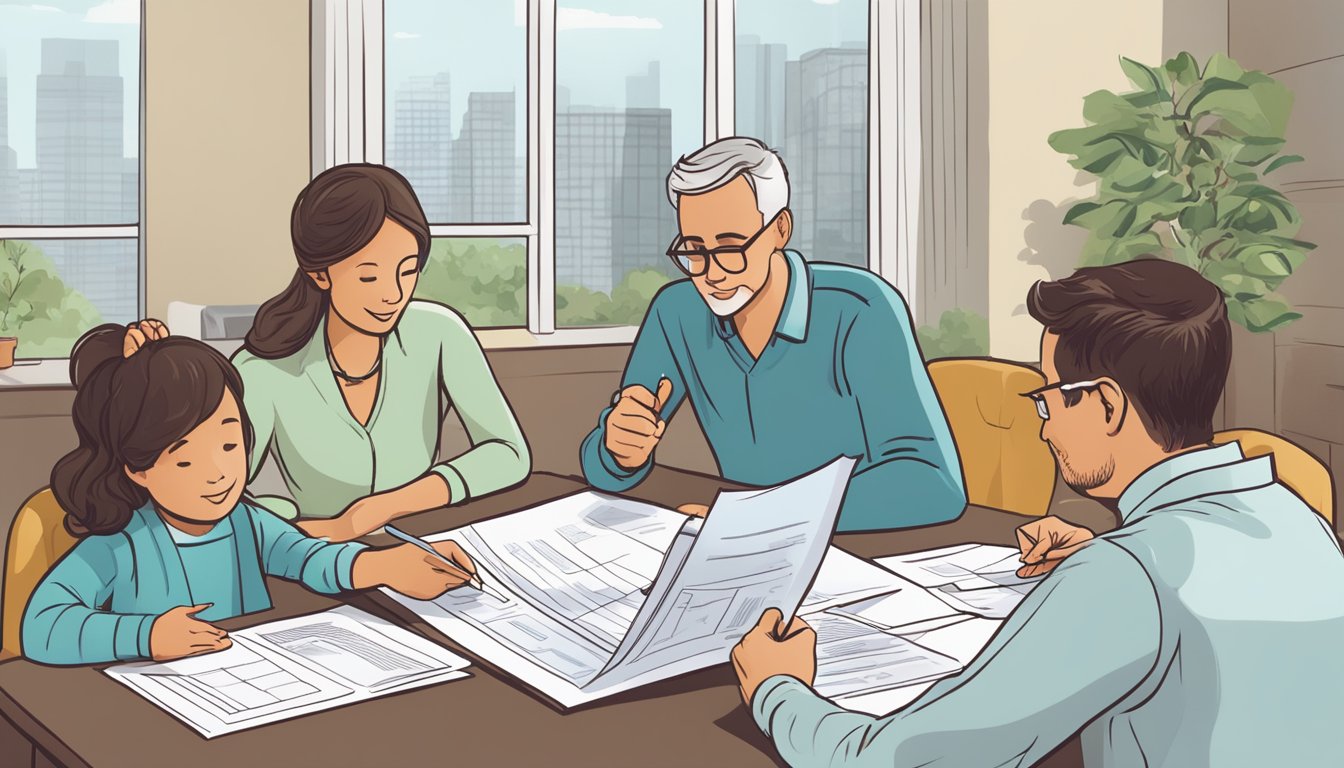 A family sitting at a table, reviewing documents with a financial advisor. The advisor points to a chart showing the decreasing cover for critical illness benefits and riders