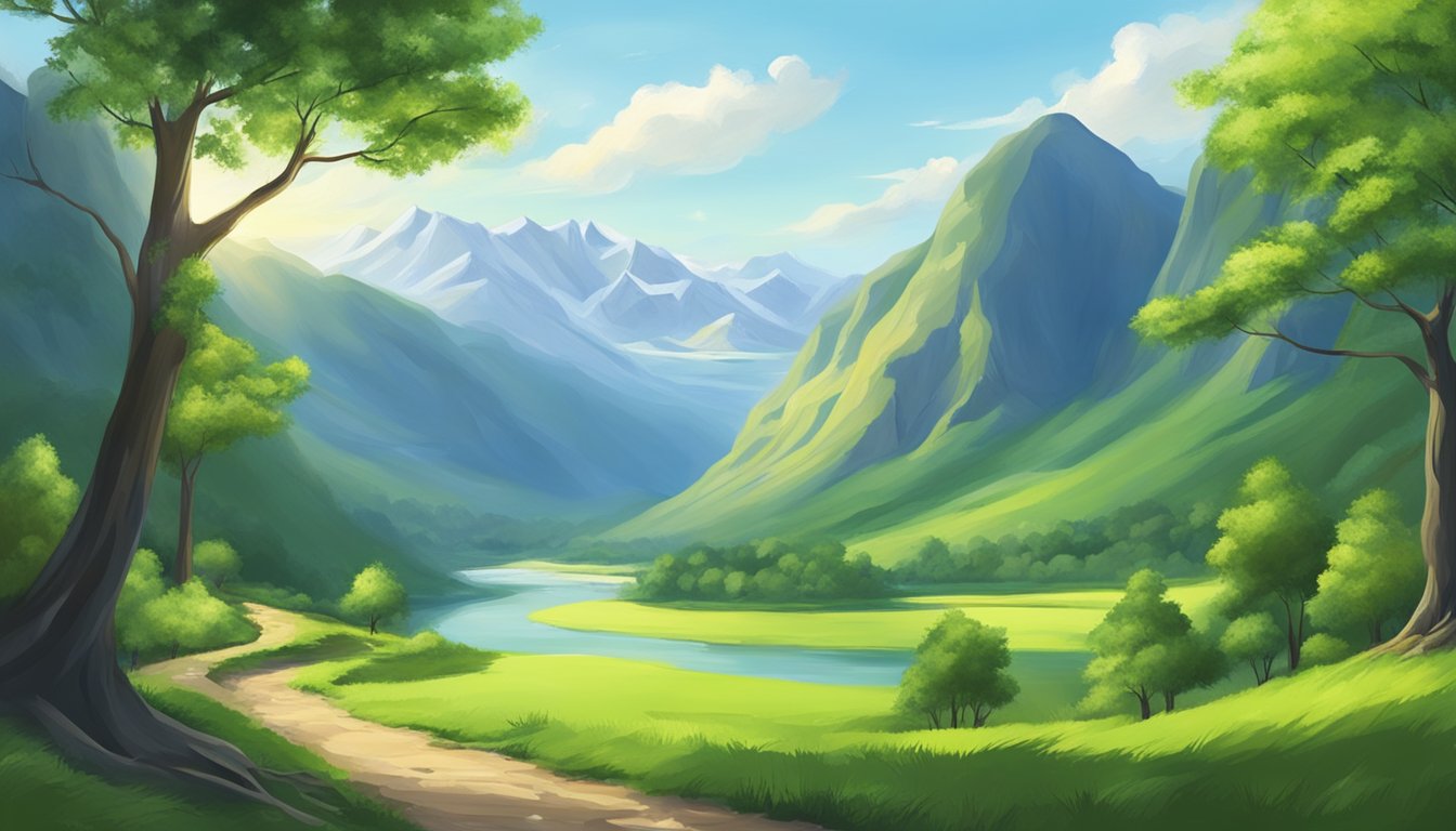 A serene landscape with a peaceful river flowing through a lush green valley, surrounded by tall mountains and a clear blue sky above