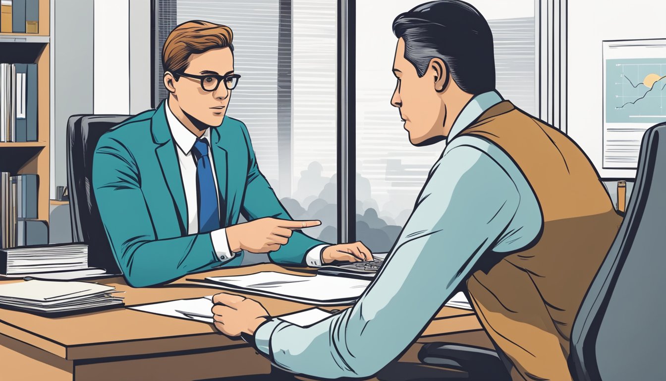 A person sitting at a desk, pointing to a document while speaking to an insurance agent. The agent is listening attentively, with a concerned expression