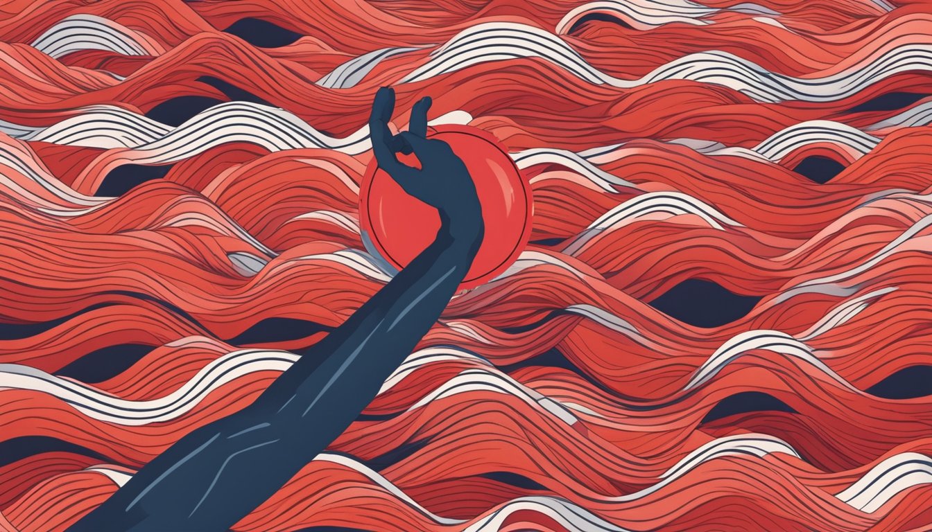 A hand reaching for a lifebuoy floating in a sea of red waves