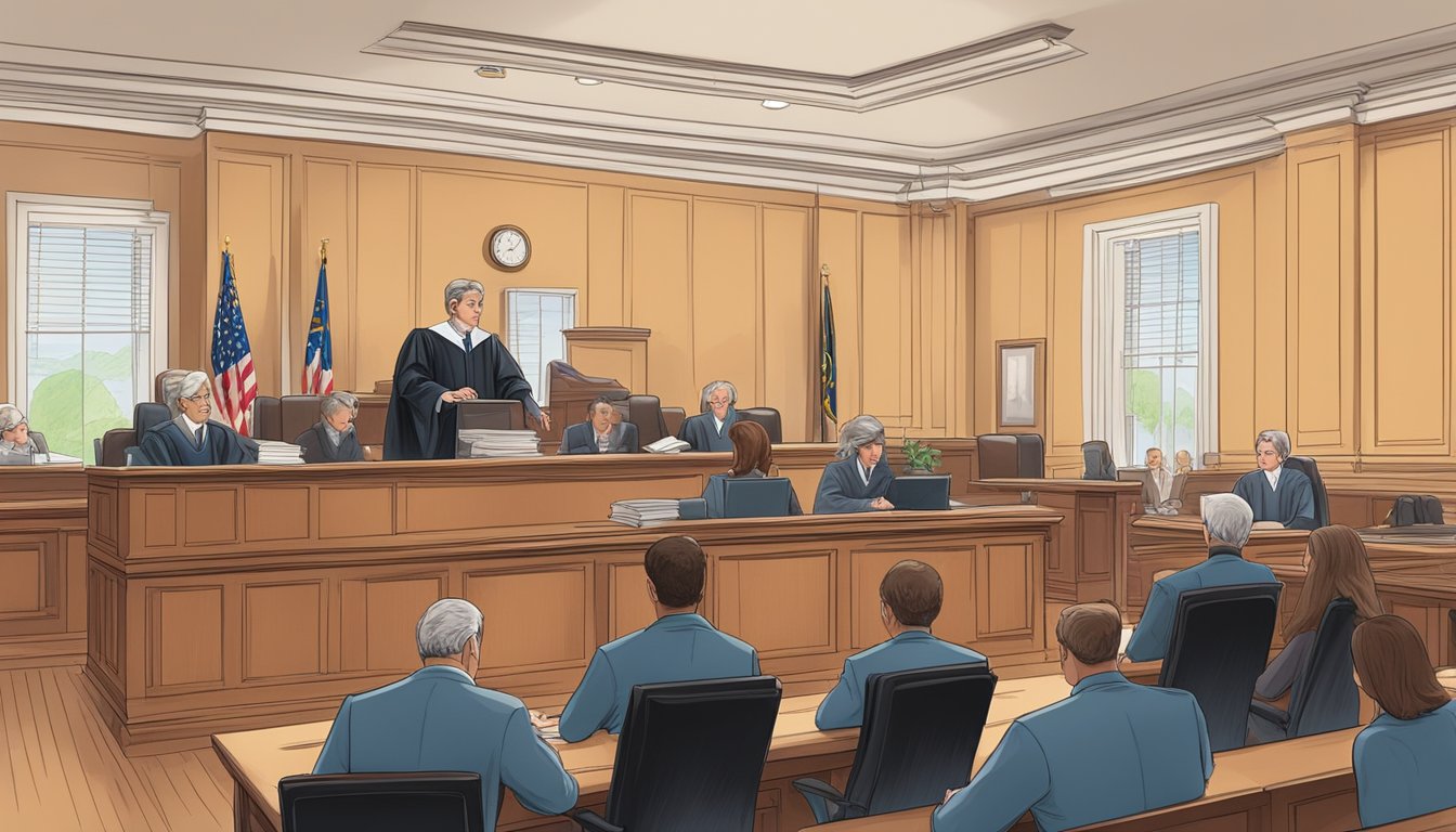 A courtroom with a judge presiding over a case involving critical illness cover. Lawyers present arguments while legal documents are displayed