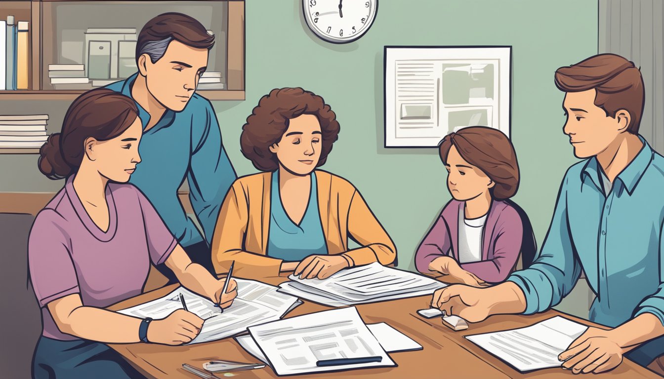 A family sitting around a table, discussing financial documents with a concerned expression. A folder labeled "Critical Illness Cover Plan" is open in front of them