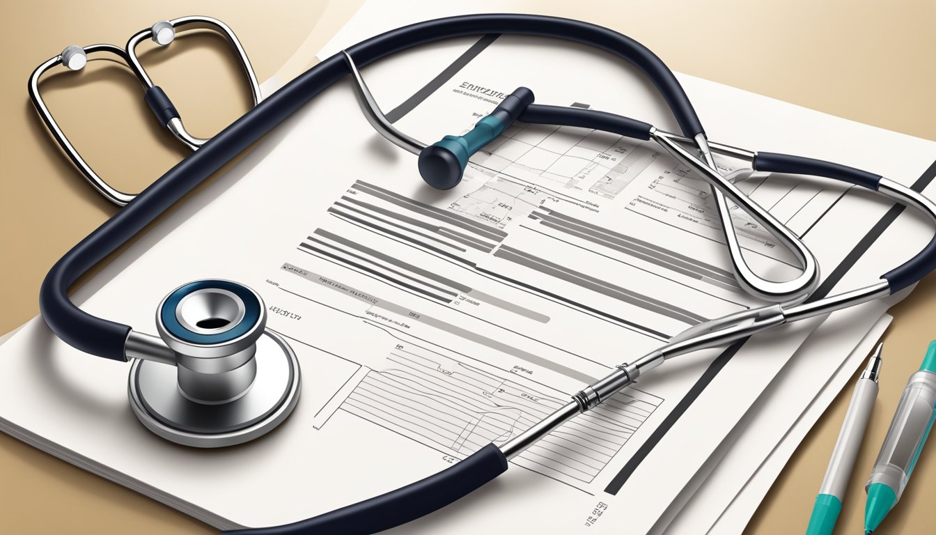 A stethoscope resting on a desk next to a medical report and a pen