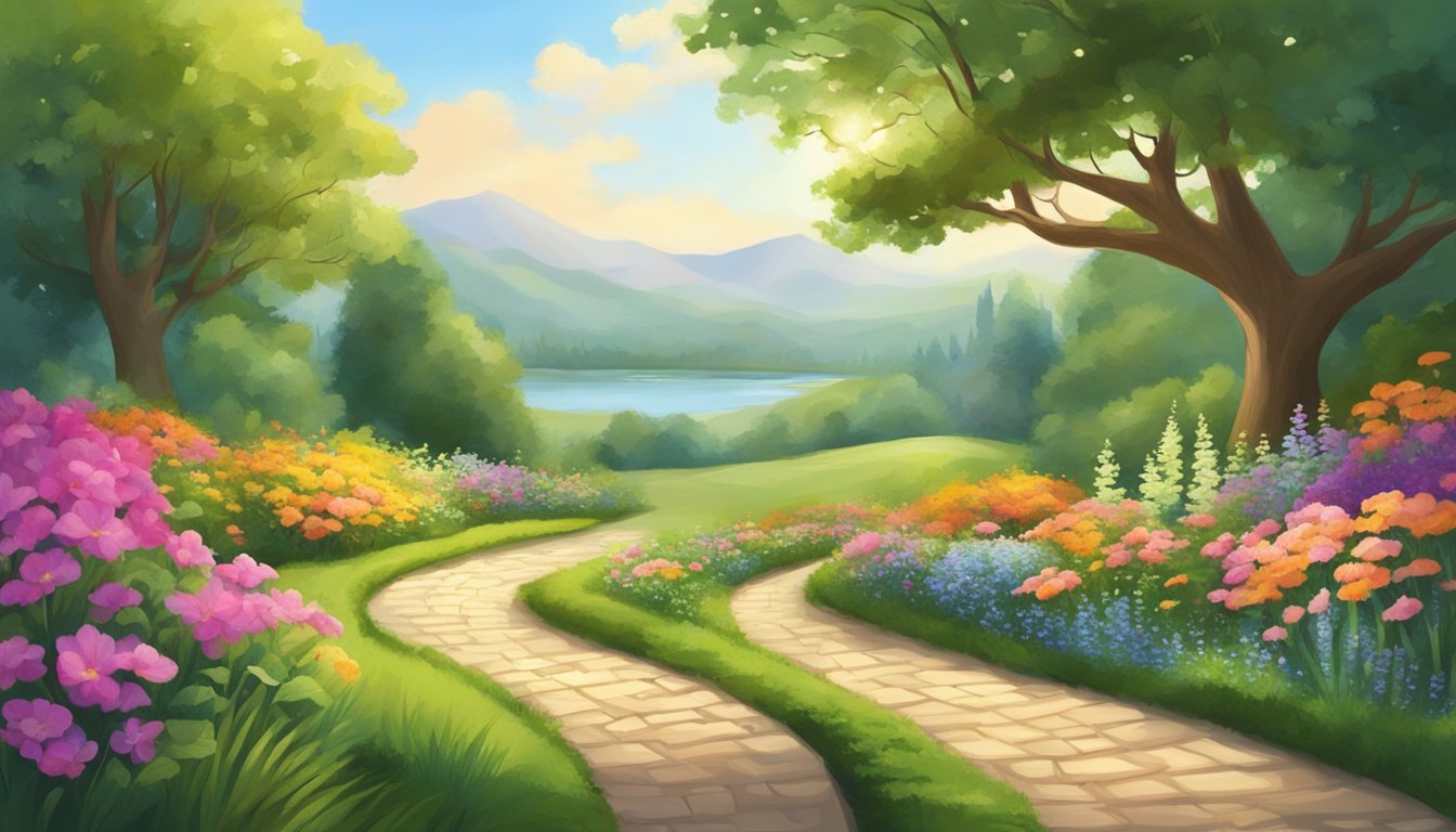 A serene landscape with a winding path leading to a peaceful, sunlit clearing surrounded by lush greenery and vibrant flowers