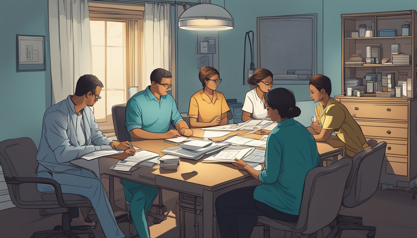 A family sits around a table, surrounded by medical equipment and paperwork. A shadow looms over them, representing the uncertainty of life and illness