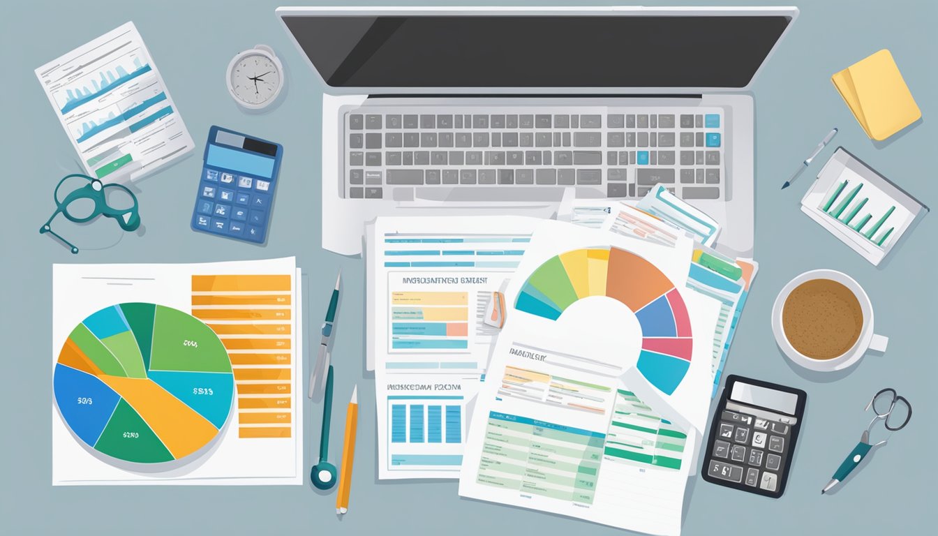 A family budget planner with medical and living expenses charts and insurance policy documents on a desk