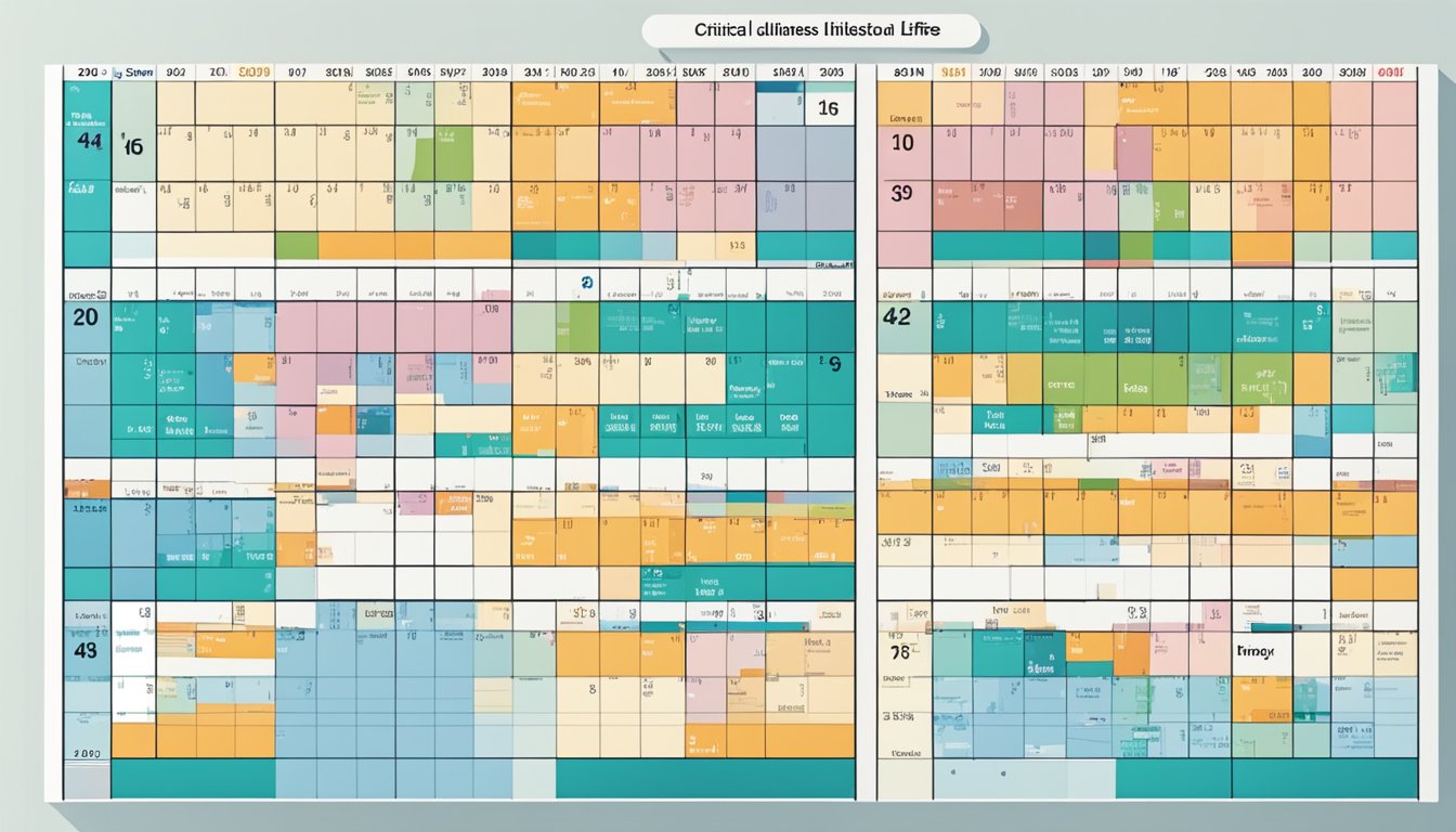 A calendar with a whole of life and critical illness cover policy duration and waiting periods marked