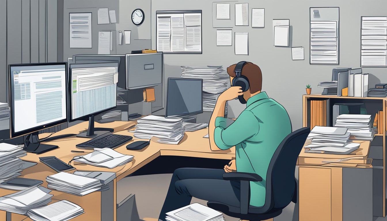 A person sitting at a desk, talking on the phone with a concerned expression, surrounded by files and a computer screen displaying insurance information