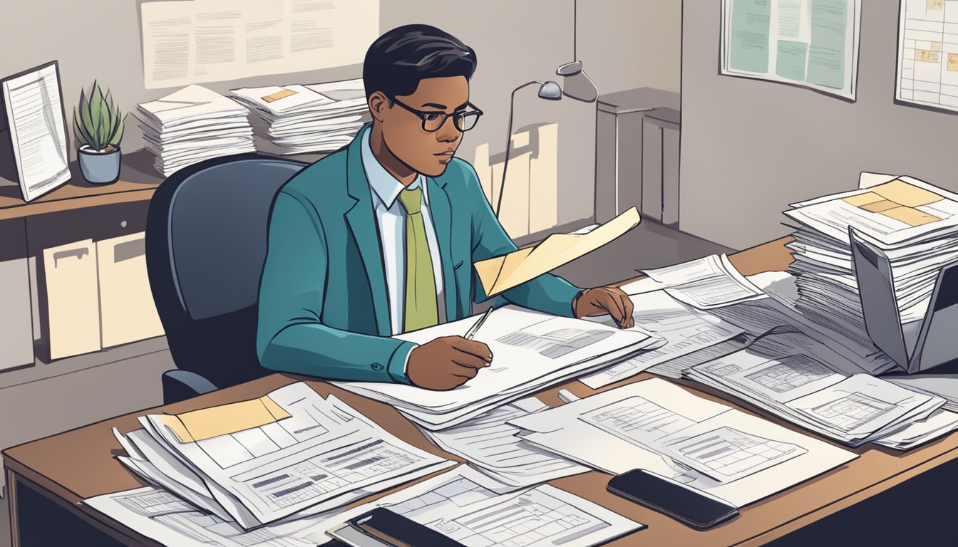 A person sitting at a desk, surrounded by financial documents and charts, while also holding a document that says "Severe Illness Cover."