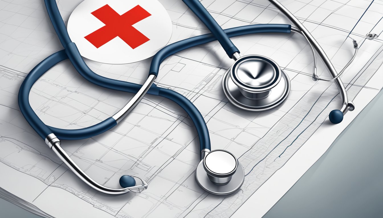 A stethoscope draped over a medical chart with a red cross emblem