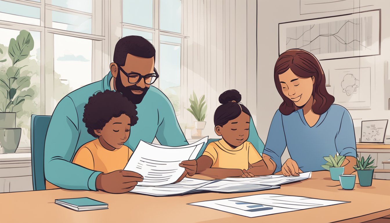 A family sits at a table, reviewing documents with a financial advisor. Charts and graphs illustrate the benefits of whole life critical illness cover