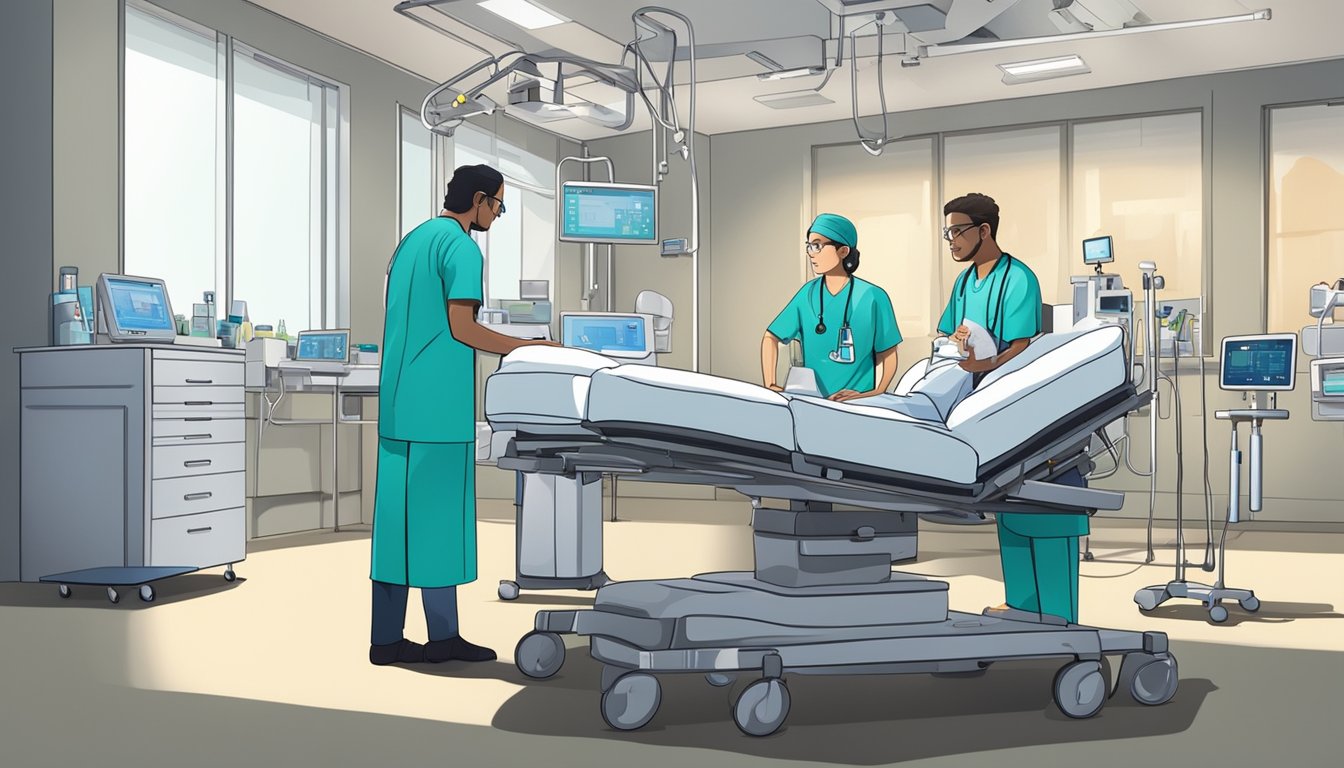 A hospital bed surrounded by medical equipment with a doctor and patient discussing severe illness policies