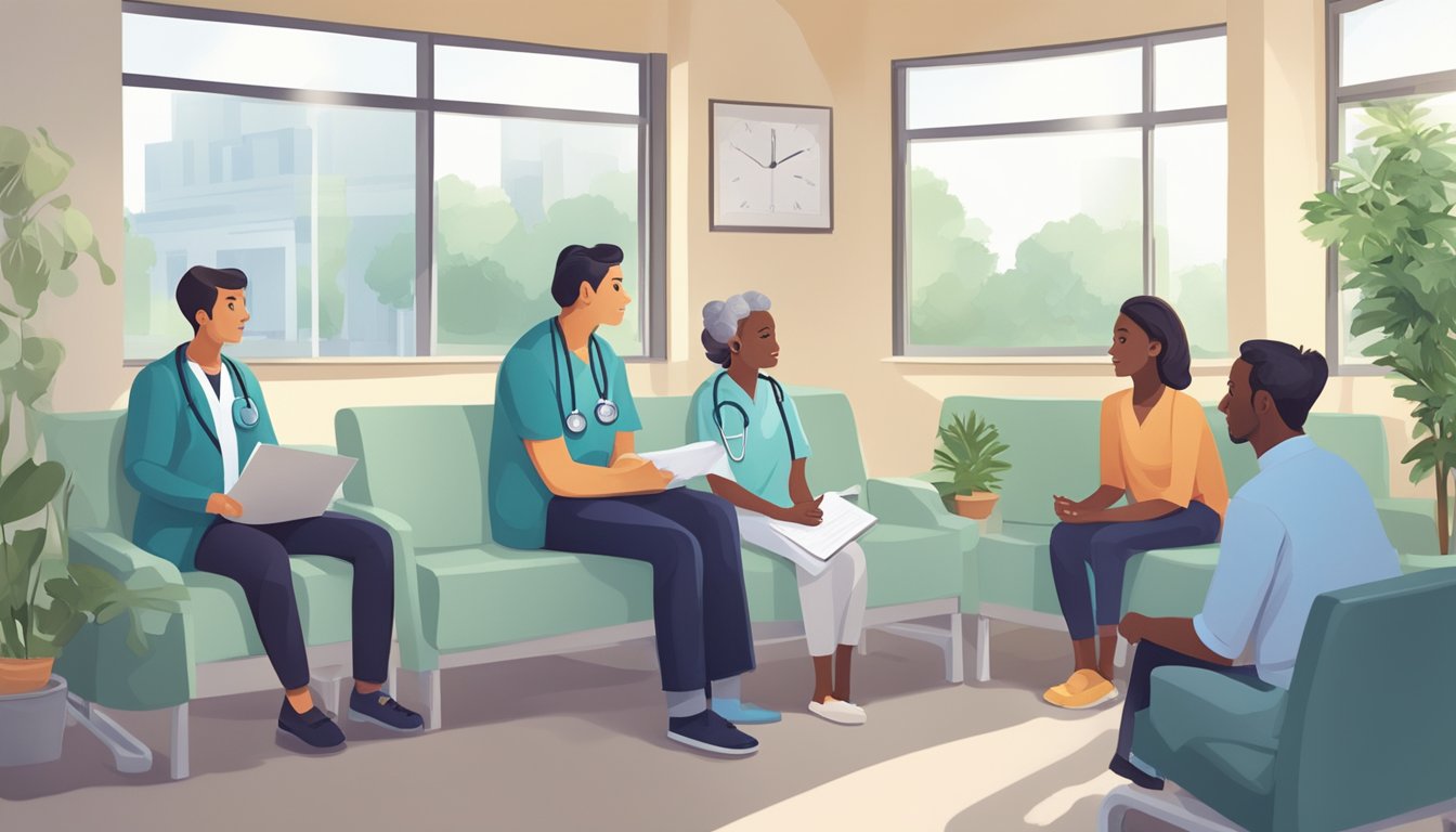 A doctor discusses critical illness insurance with a concerned family in a hospital waiting room