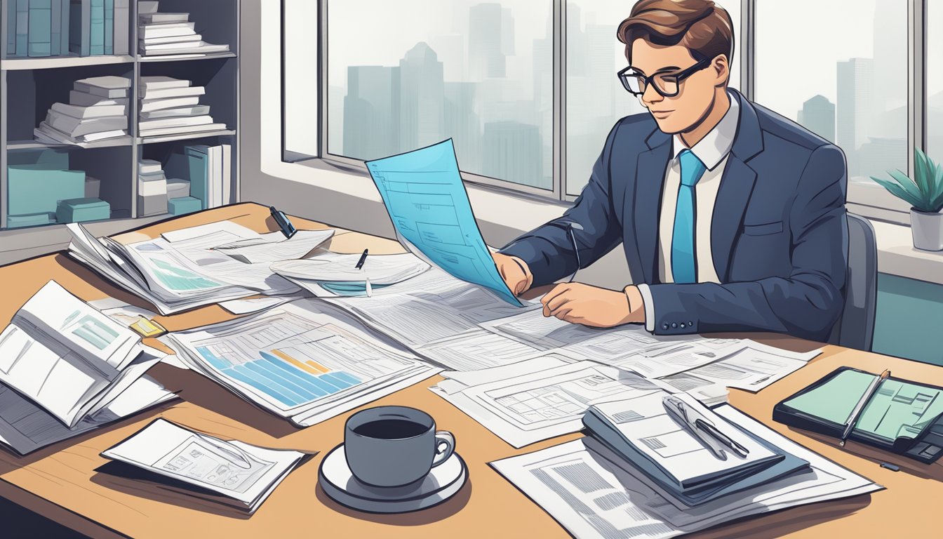 A person reviewing documents at a desk, with various insurance papers and charts spread out in front of them