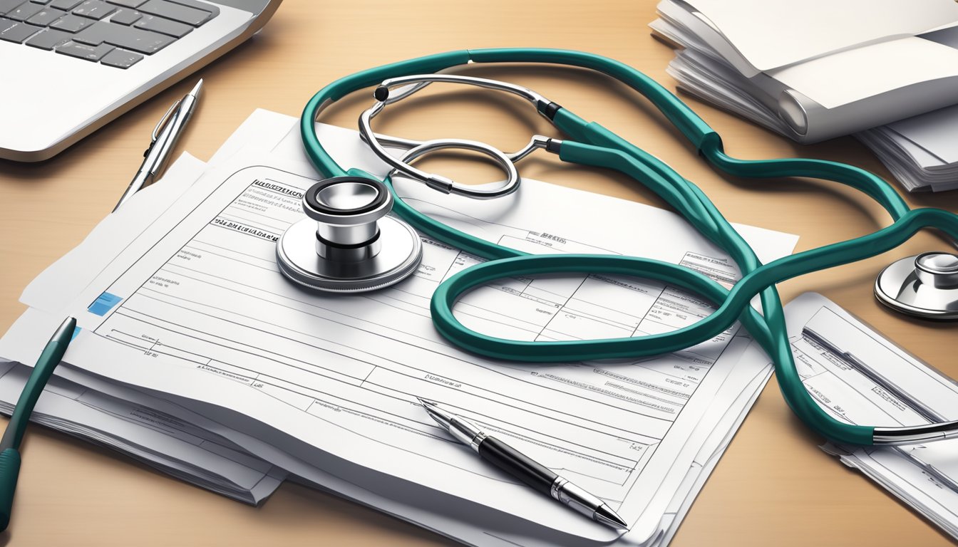 A stethoscope resting on a medical chart, alongside a pen and insurance policy documents on a desk