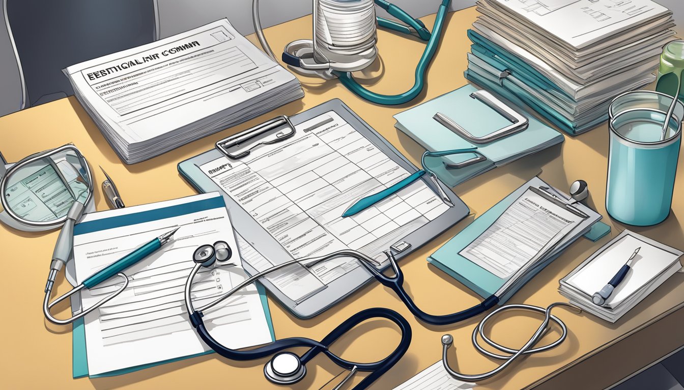 A desk cluttered with medical forms and documents, a pen lying on top, and a stethoscope hanging from a hook on the wall