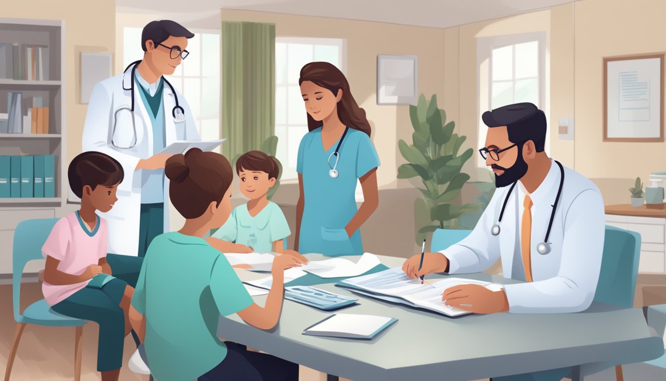 A doctor reviewing a critical illness coverage policy with a patient's family