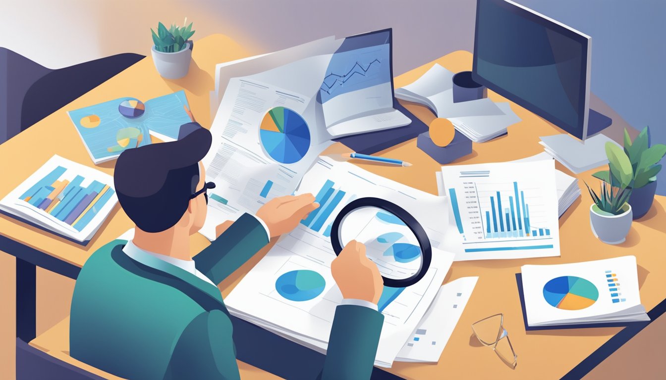 A person reviewing documents with a magnifying glass, surrounded by charts and graphs