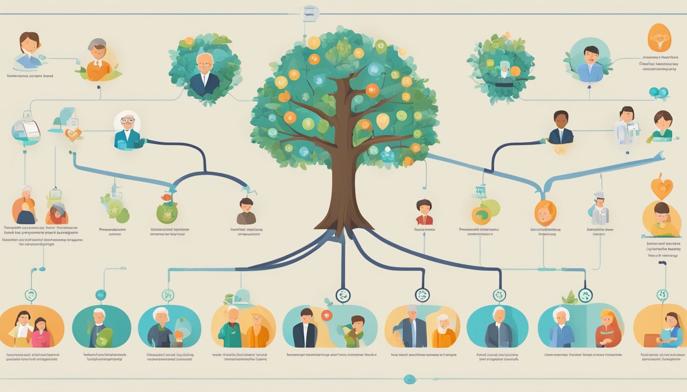 A family tree with different life stages, from childhood to old age, with icons representing critical illness coverage at each stage