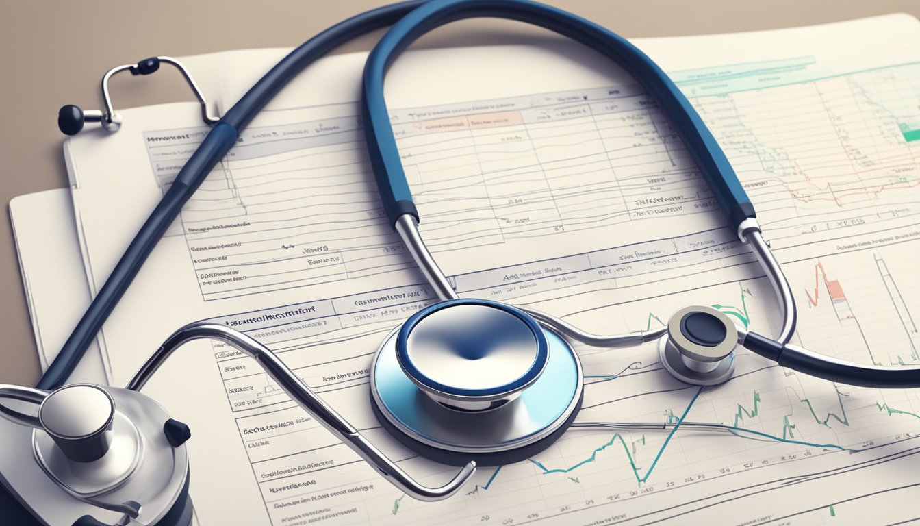 A stethoscope resting on a medical report with a heart rate monitor in the background