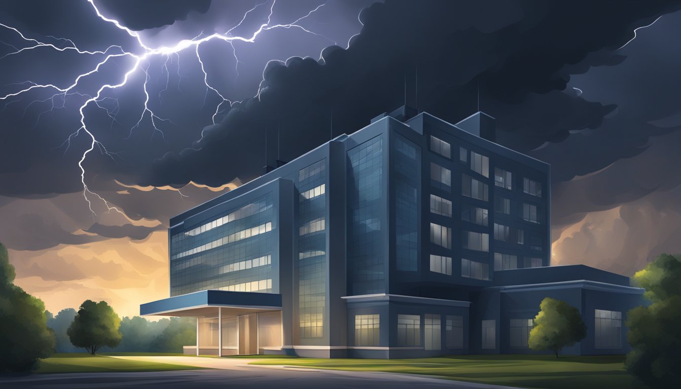 A dark storm cloud hovers over a hospital, casting a shadow on the building. Lightning flashes in the distance, adding to the ominous atmosphere