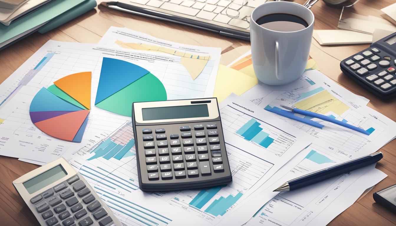 A stack of paperwork with charts and graphs, a calculator, and an insurance policy document on a desk