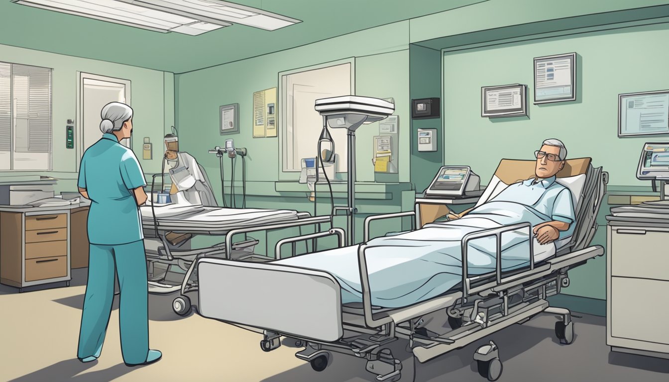 A hospital bed surrounded by medical equipment and a stack of paperwork, with a concerned family member sitting nearby