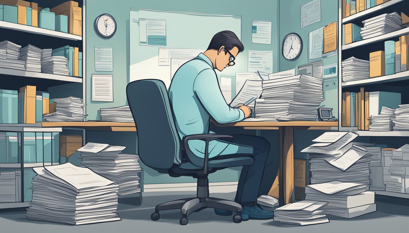 A person sitting at a desk, surrounded by medical documents and a calculator. They are deep in thought, contemplating their need for critical illness insurance