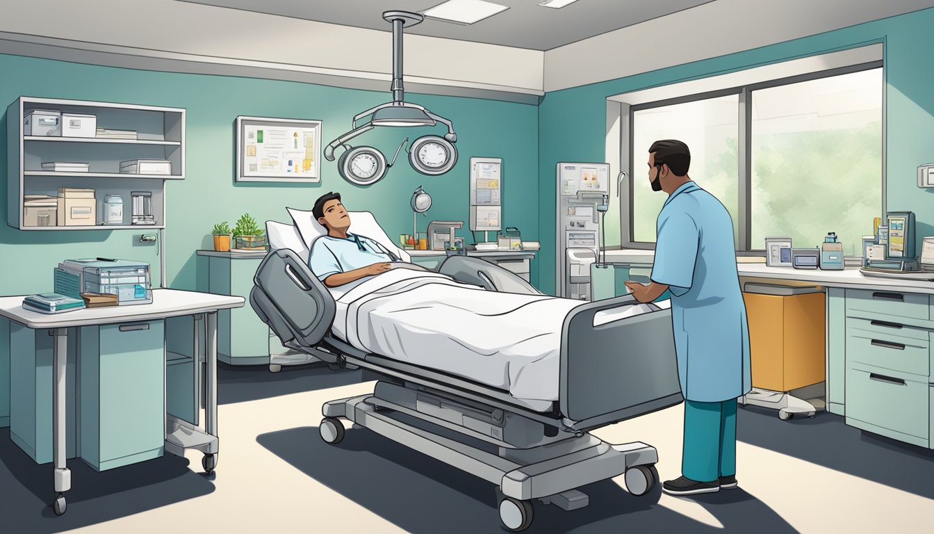 A hospital bed surrounded by medical equipment, with a doctor discussing critical illness cover with a patient's family