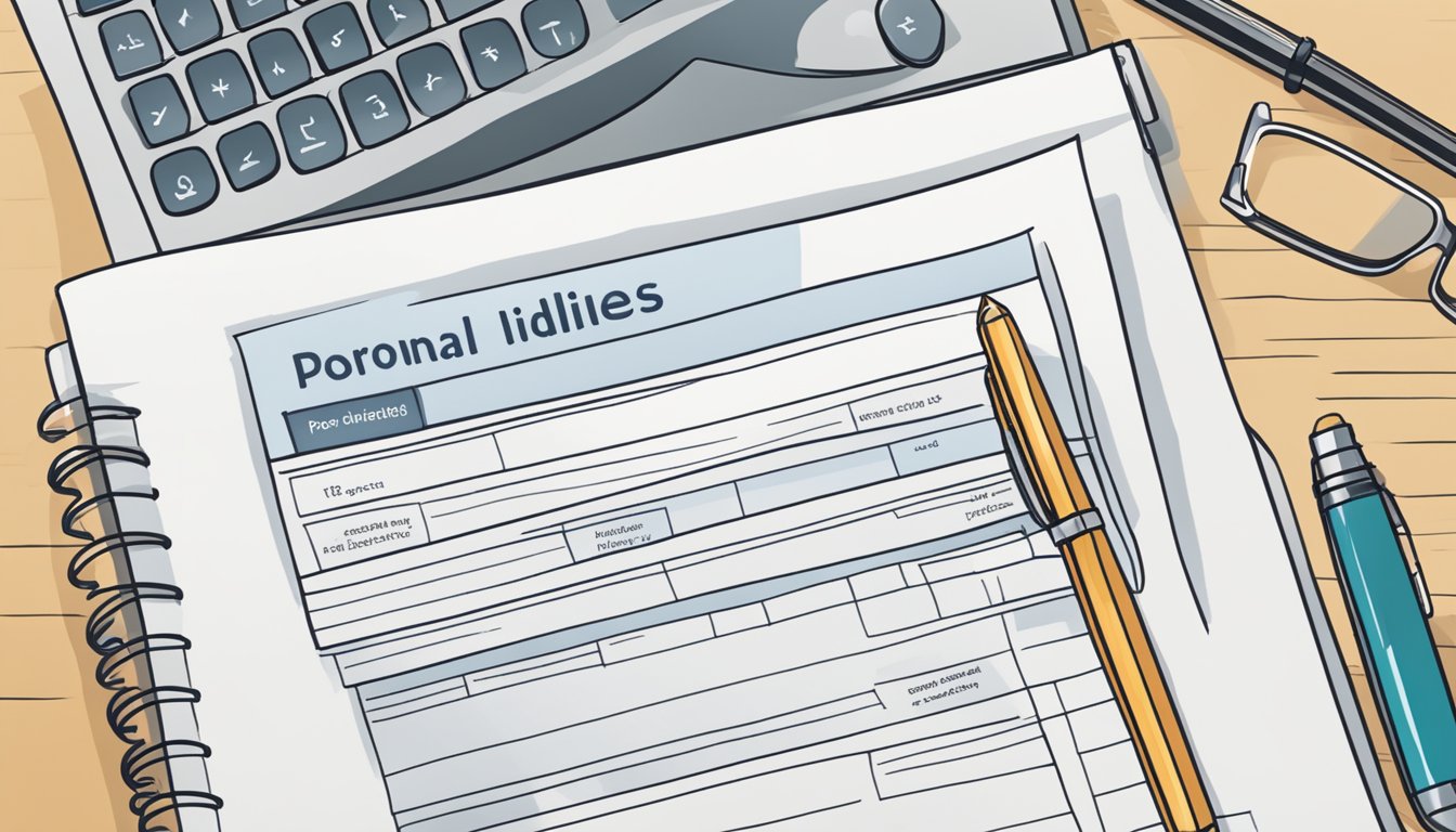 A desk with an open folder, pen, and calculator. A document titled "Policy Details and Specifications Personal critical illness cover" is visible