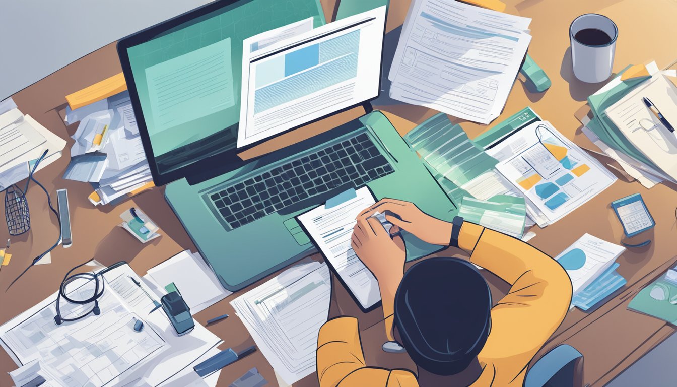 A person researching critical illness cover options at a desk with a laptop, surrounded by medical documents and insurance policies