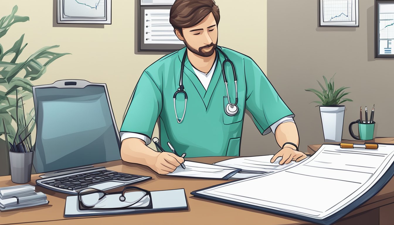 A doctor's office with a stethoscope and medical chart on a desk