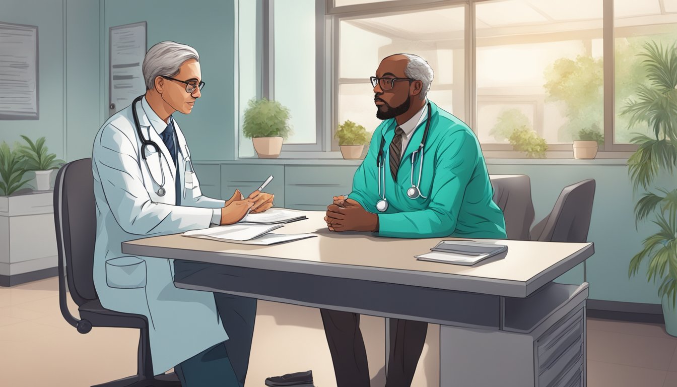 A doctor discussing dread disease policy with a concerned patient in a medical office