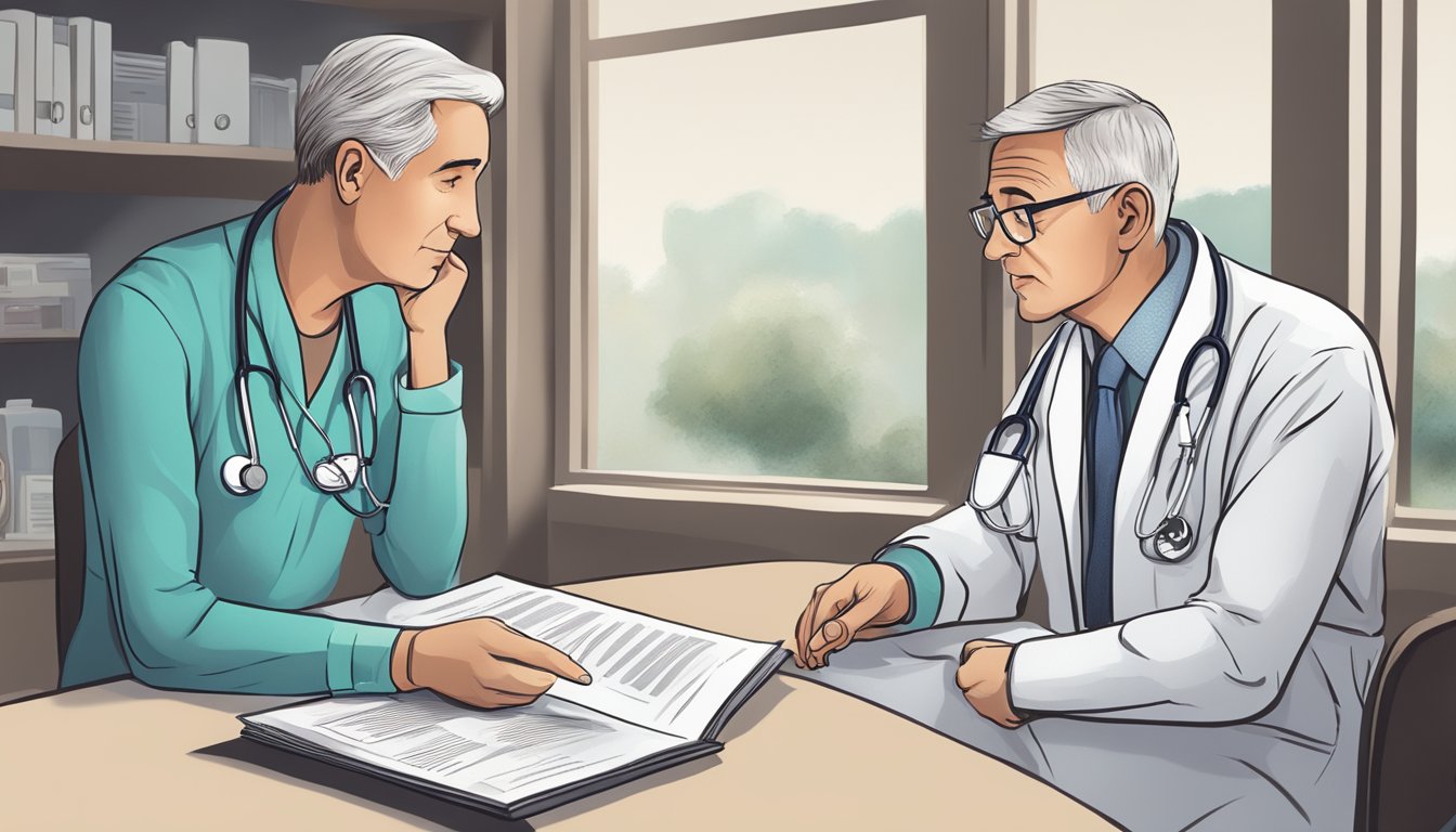 A doctor discussing a dread disease policy with a concerned patient, pointing to a detailed brochure