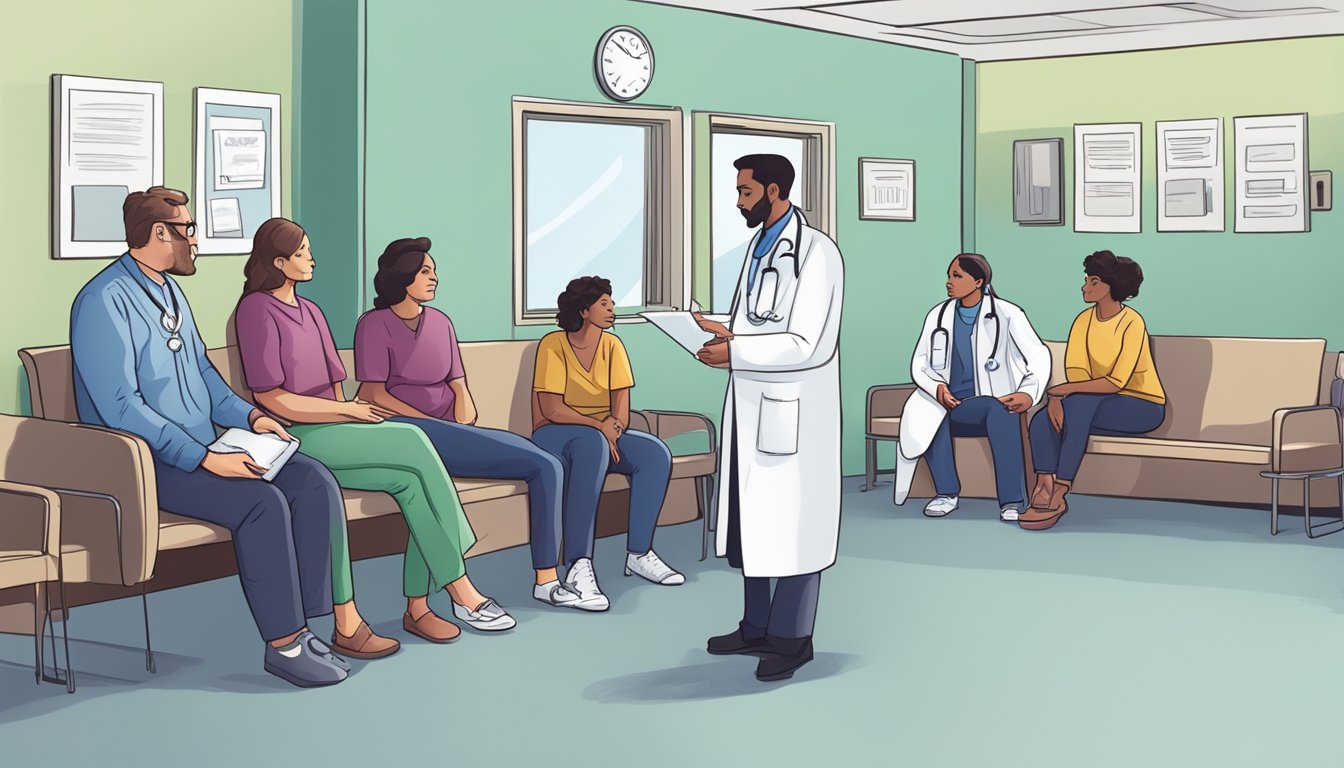 A doctor discussing dread disease policy with a concerned family in a hospital waiting room