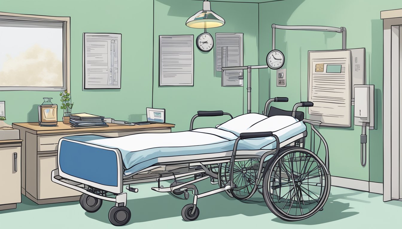 A hospital bed with a heart monitor and wheelchair nearby, surrounded by paperwork and a contract with the title "Dread Disease and Disability Cover"