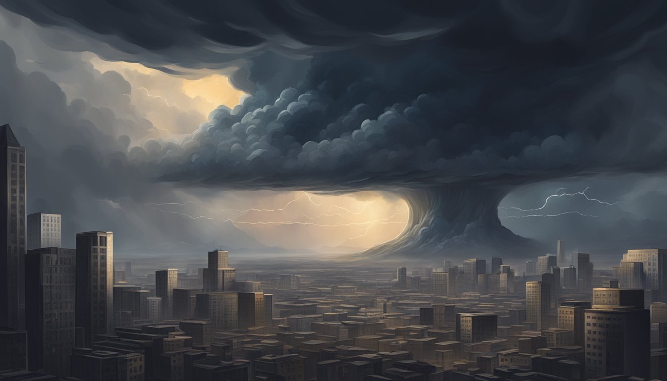 A dark and ominous storm cloud looms over a deserted city, casting a sense of fear and uncertainty