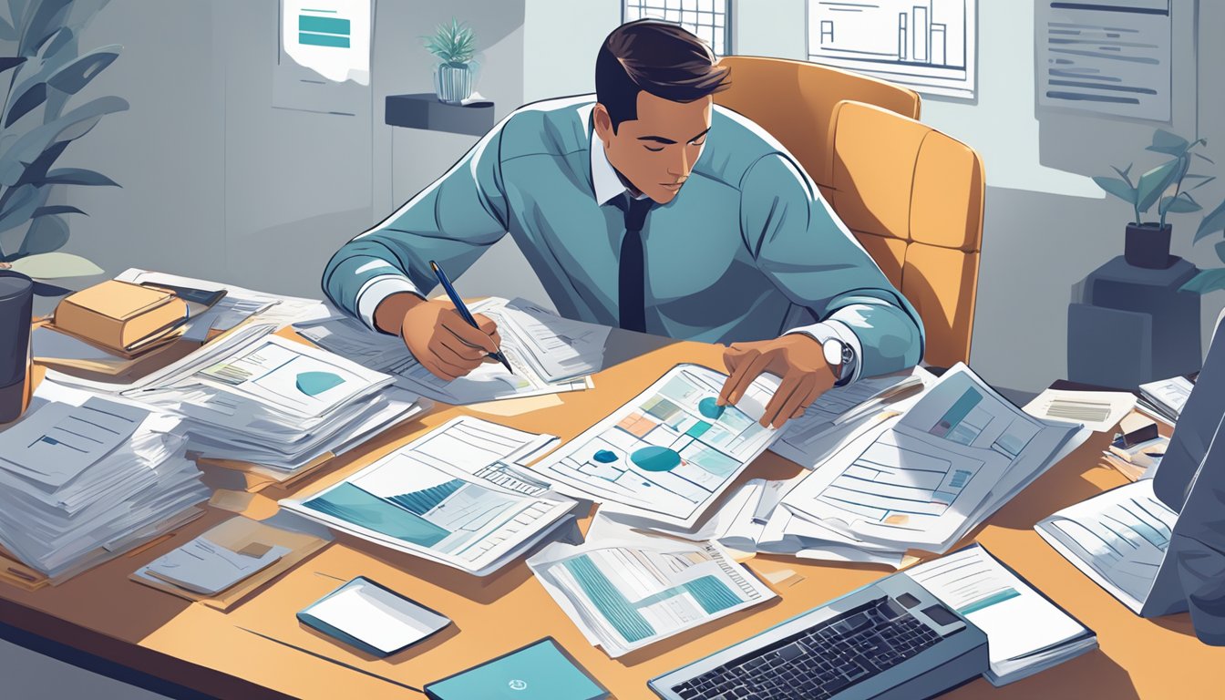 A person sitting at a desk, surrounded by financial documents and charts, while a hand reaches out to integrate a cover with other financial solutions