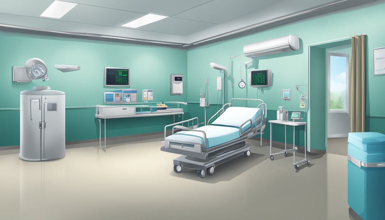 A hospital room with medical equipment and a sign displaying "Dread Disease Hospital Cover" on the wall