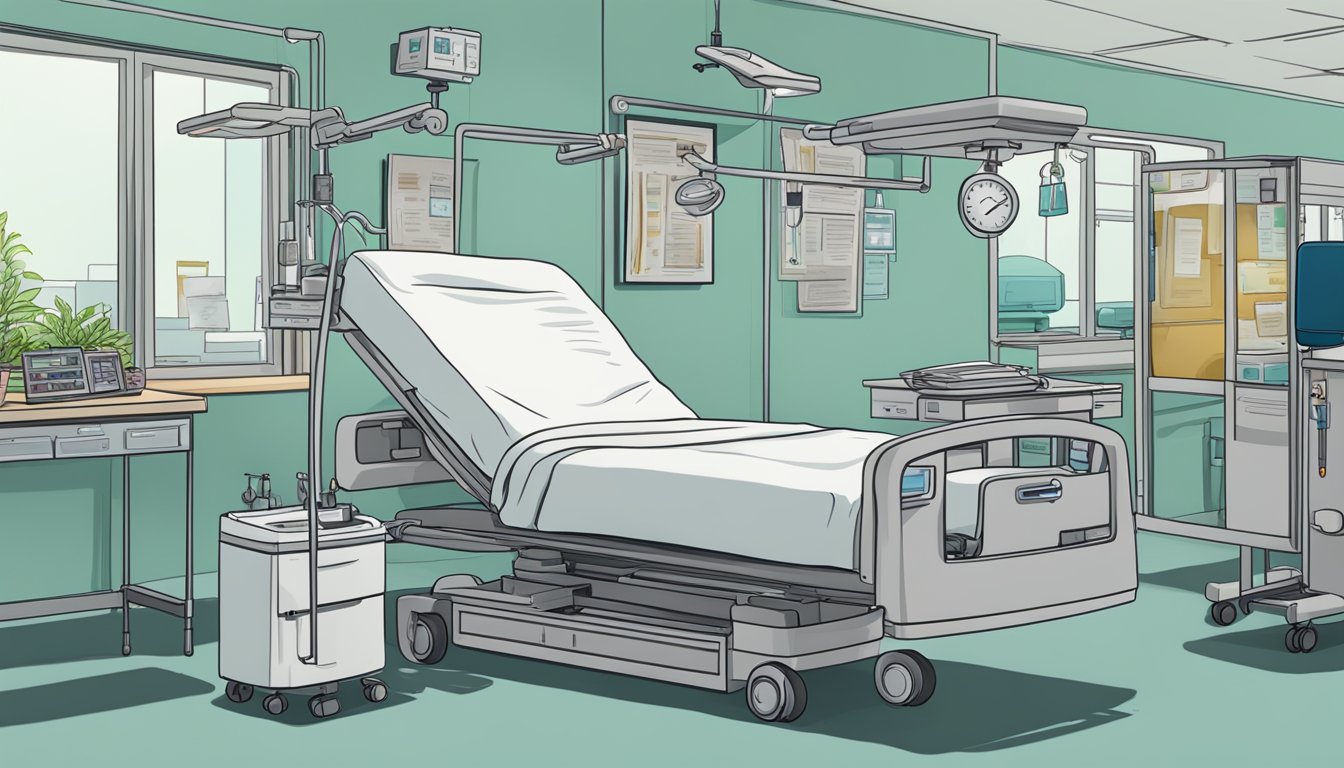 A hospital bed surrounded by medical equipment, with a document showing "dread disease hospital cover" on a nearby table