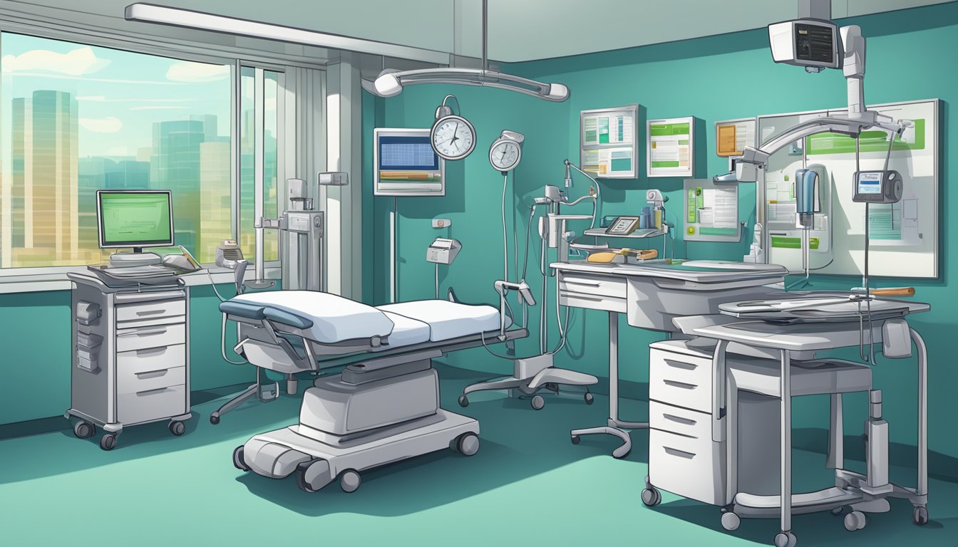 A hospital room with various medical equipment and charts, representing different diseases and conditions covered by a dread disease insurance plan